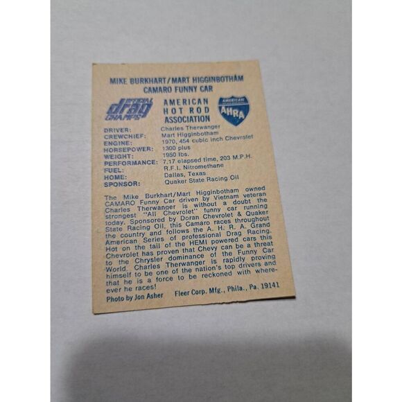 Vintage 1971 Mike Burkhart Mart Higginbothom Camaro Funny Car Fleer Trading Card - Picture 2 of 2
